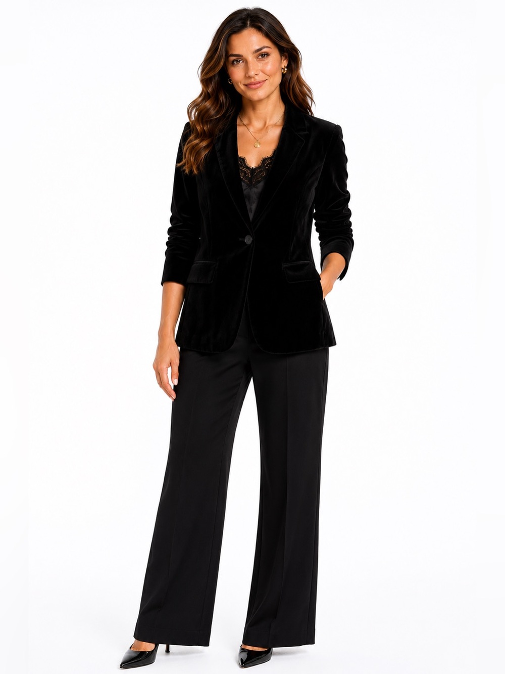 Hillard & Hanson Black Velvet One-Button Blazer Jacket Women’s Size 10 Classic
